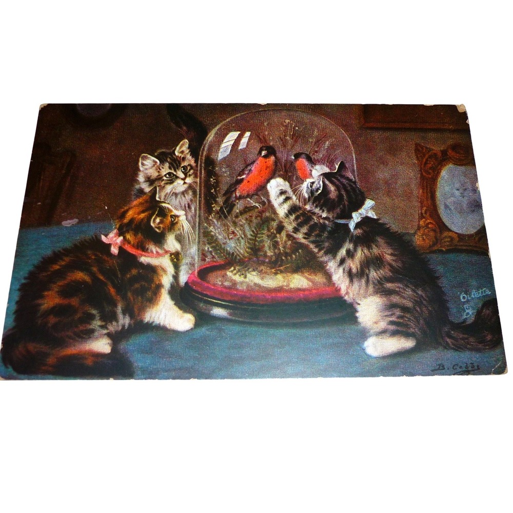 Tuck Oilette Postcard Kittens Bird Cloche‎ Why Don't You Sing? B. Cobbe 9099